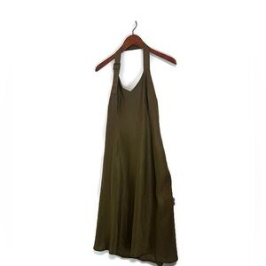 Promos Linen blend halter dress in olive green, size Large, slight A-line.
